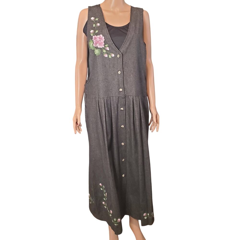 Vintage Ronnie Salloway Hand Painted Floral Dress Wearable Art Denim Large USA
